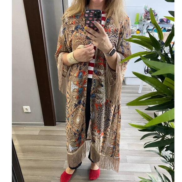 New Boho Mixed Print Kimono Cardigan Robe Jacket w/ Fringe Detail - Picture 6 of 12